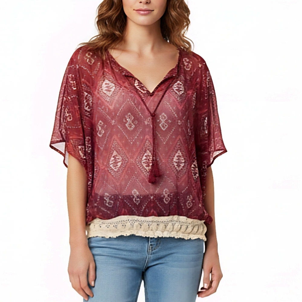 Hollister Tunic Boho Peasant Sheer Oversized Top Womens Size XS Maroon